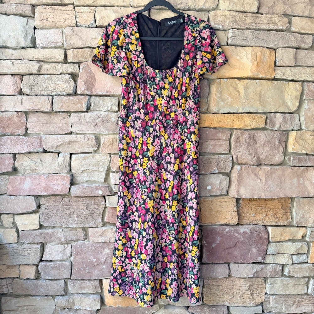 Ralph Lauren Black Label Women 4 Midi Dress Dark Floral Scoop Neck Cottage